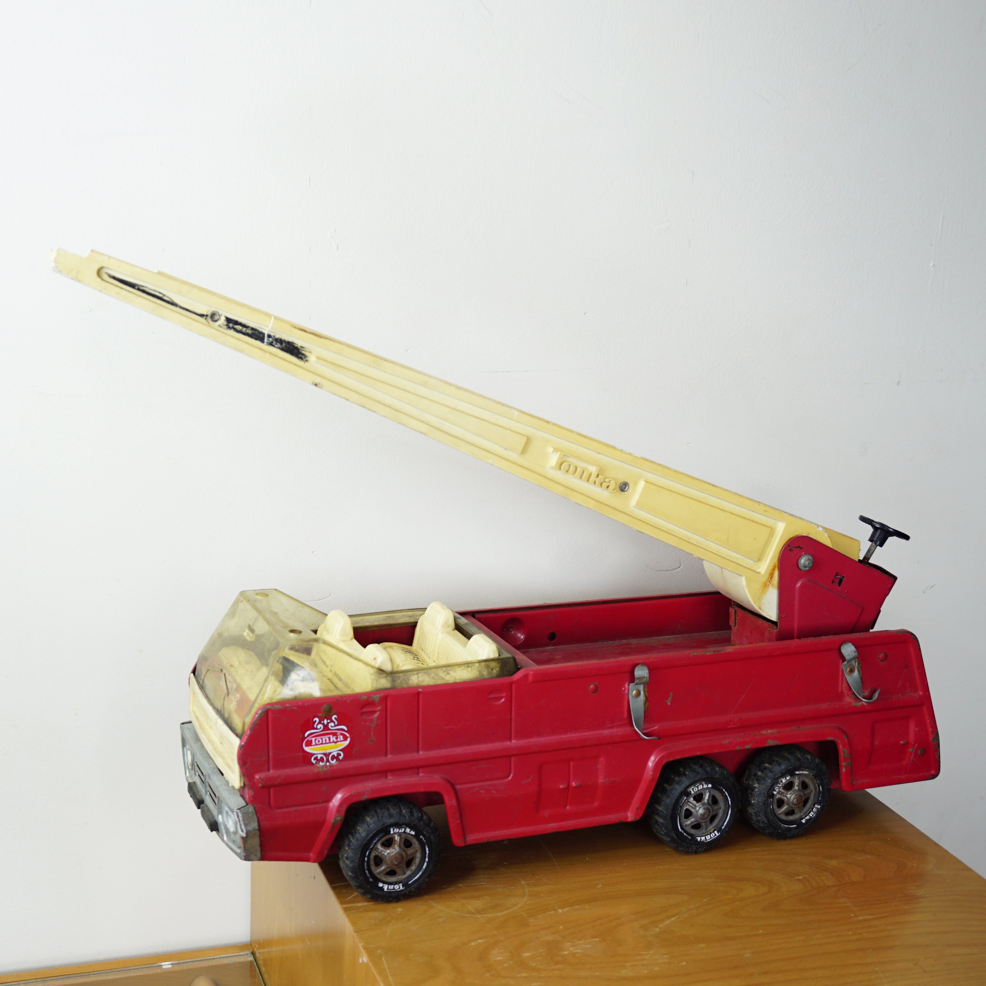 1970s Set of 2 Vintage XL 24" TONKA Pressed Steel Fire Trucks & Extending Ladder