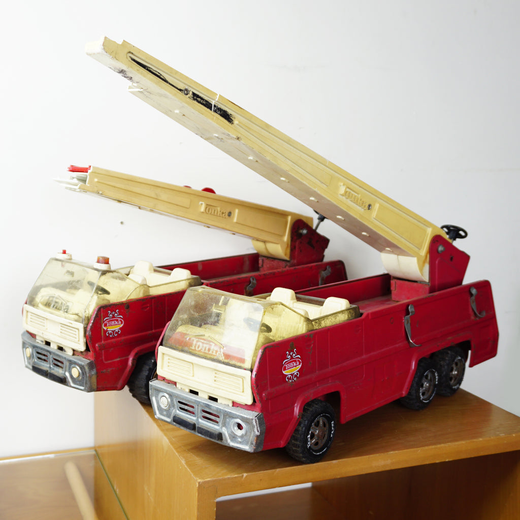 1970s Set of 2 Vintage XL 24" TONKA Pressed Steel Fire Trucks & Extending Ladder