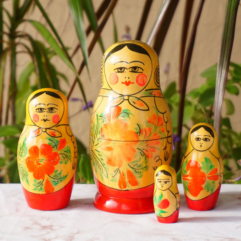 Hand Painted Wood Matryoshka "Матрёшка" Traditional Russian Nesting Dolls. Set of 4.
