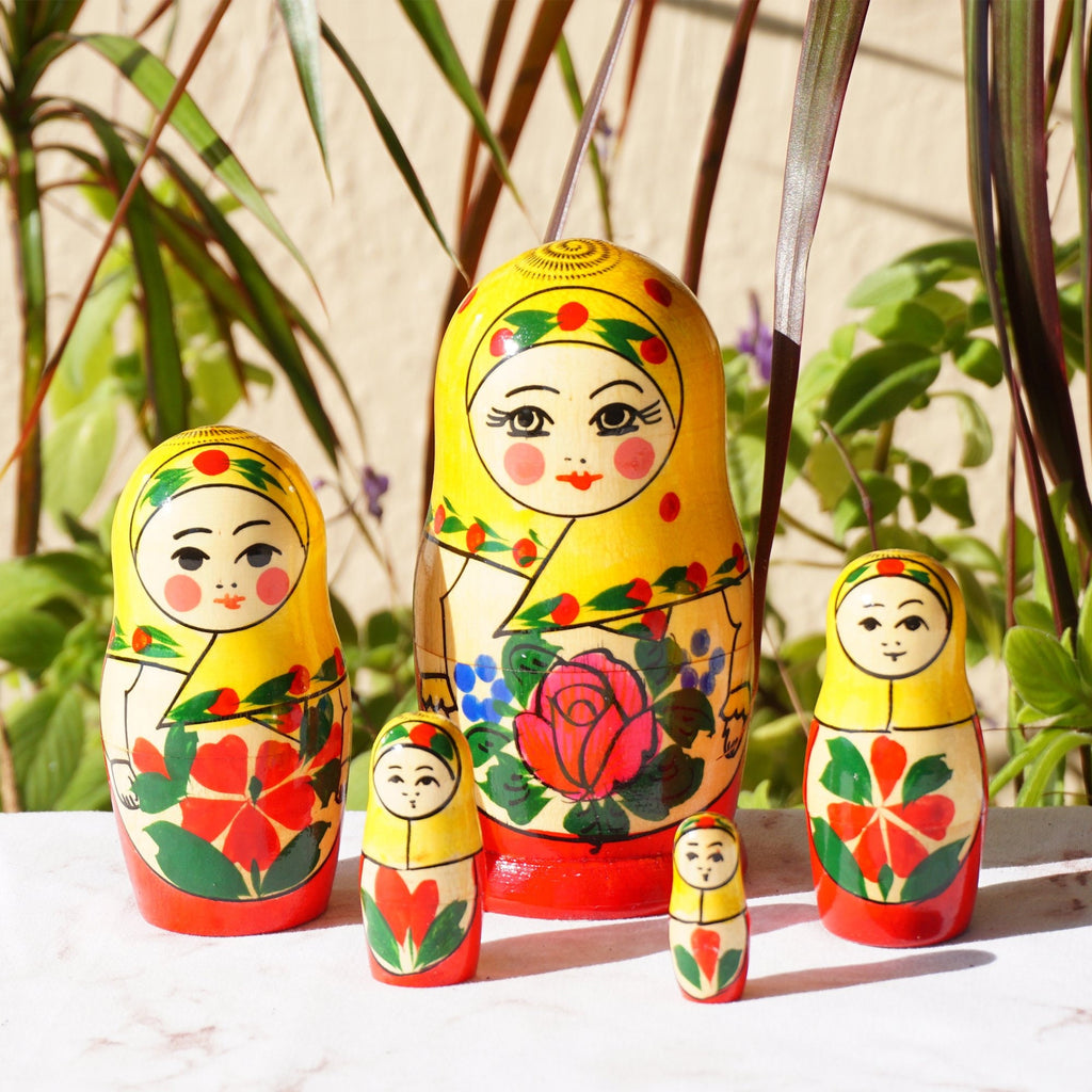 Hand Painted Wood Matryoshka "Матрёшка" Traditional Russian Nesting Dolls. Set of 4.