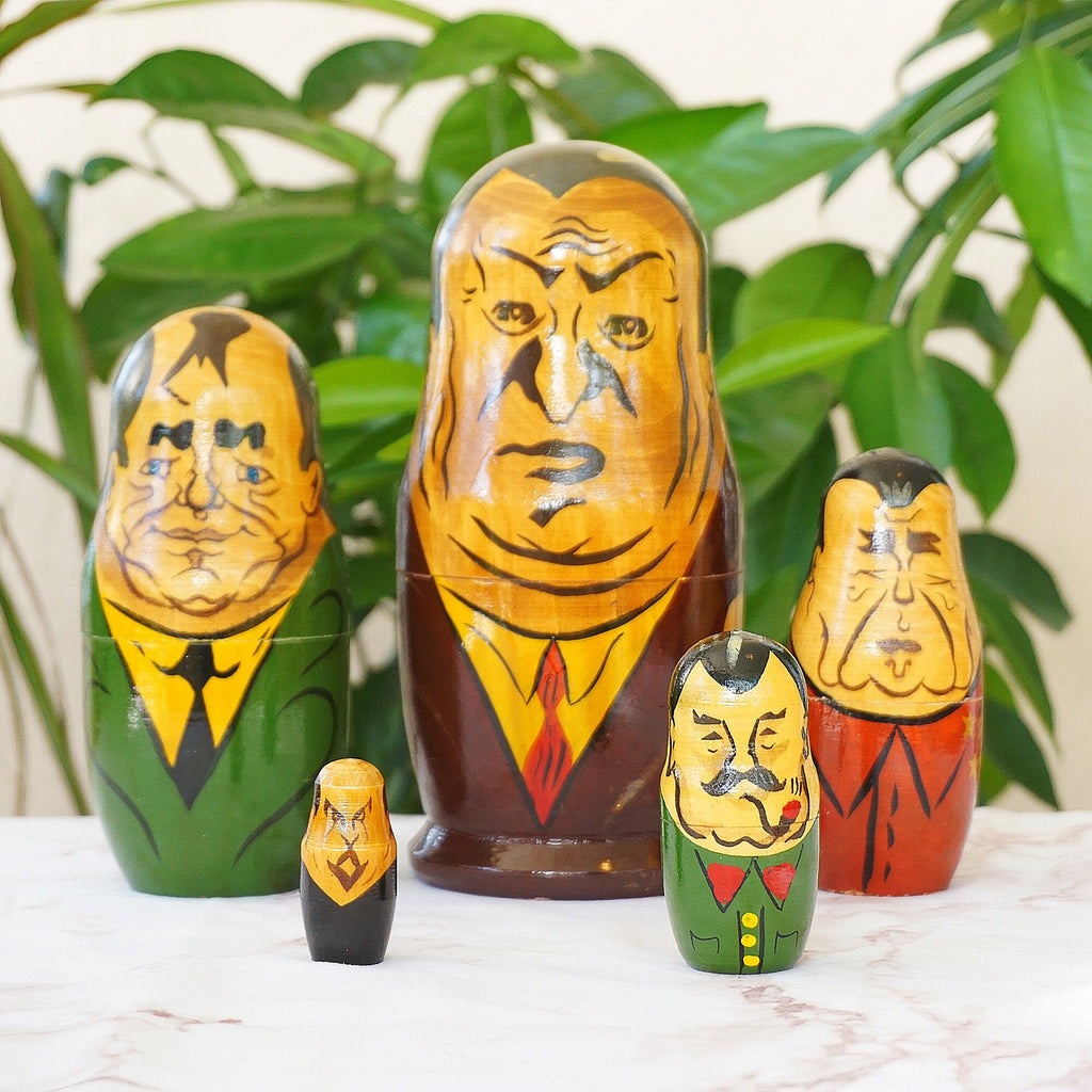 Hand Painted Wood Matryoshka "Матрёшка". Russian Leaders Nesting Dolls. Yeltsin, Gorbachev, Lenin, Stalin, Etc. Set of 5.