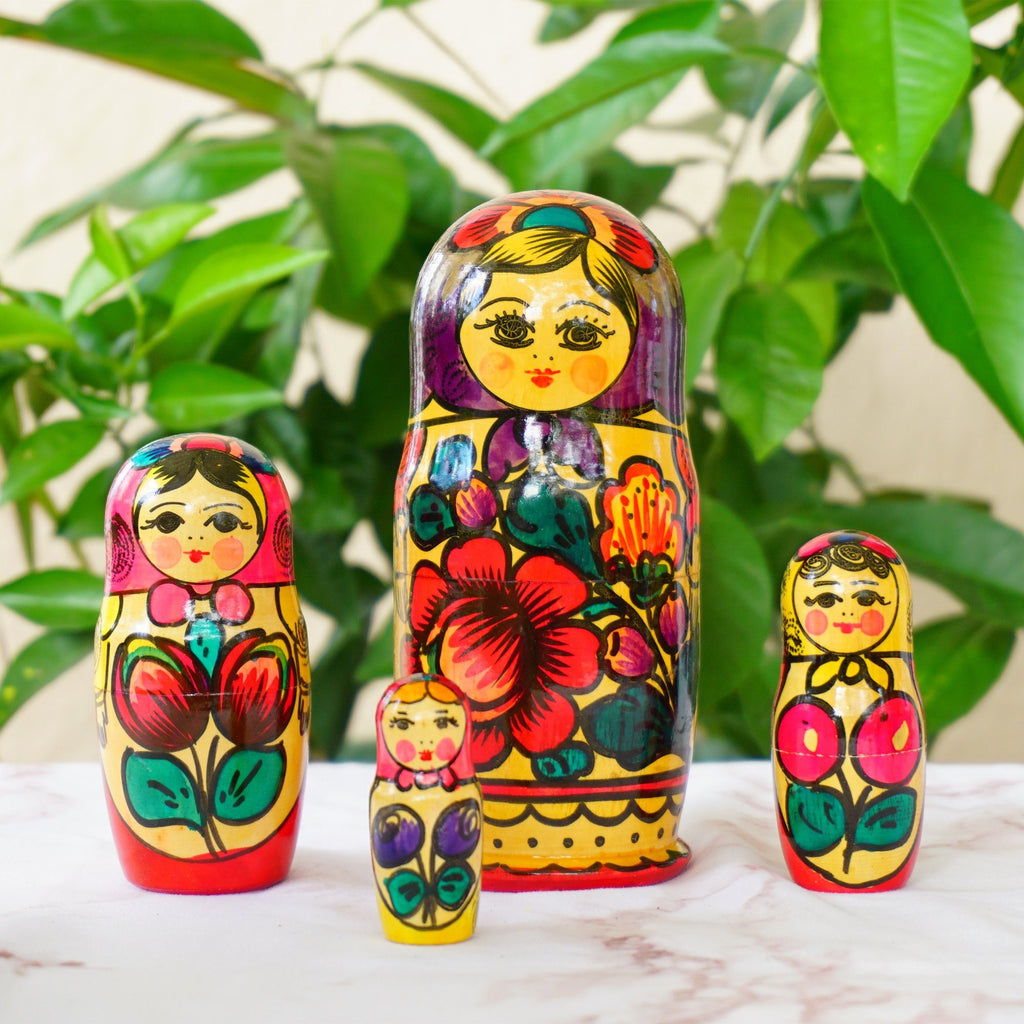 Hand Painted Wood Matryoshka "Матрёшка" Traditional Russian Nesting Dolls. Set of 4.