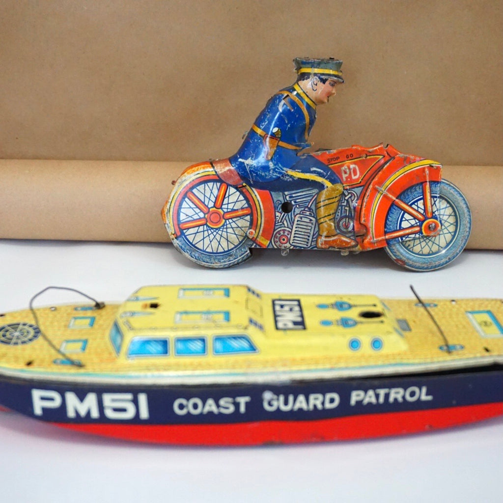 Tin Litho Police on Motorcycle & PM51 Coast Guard Patrol Boat. For Parts.