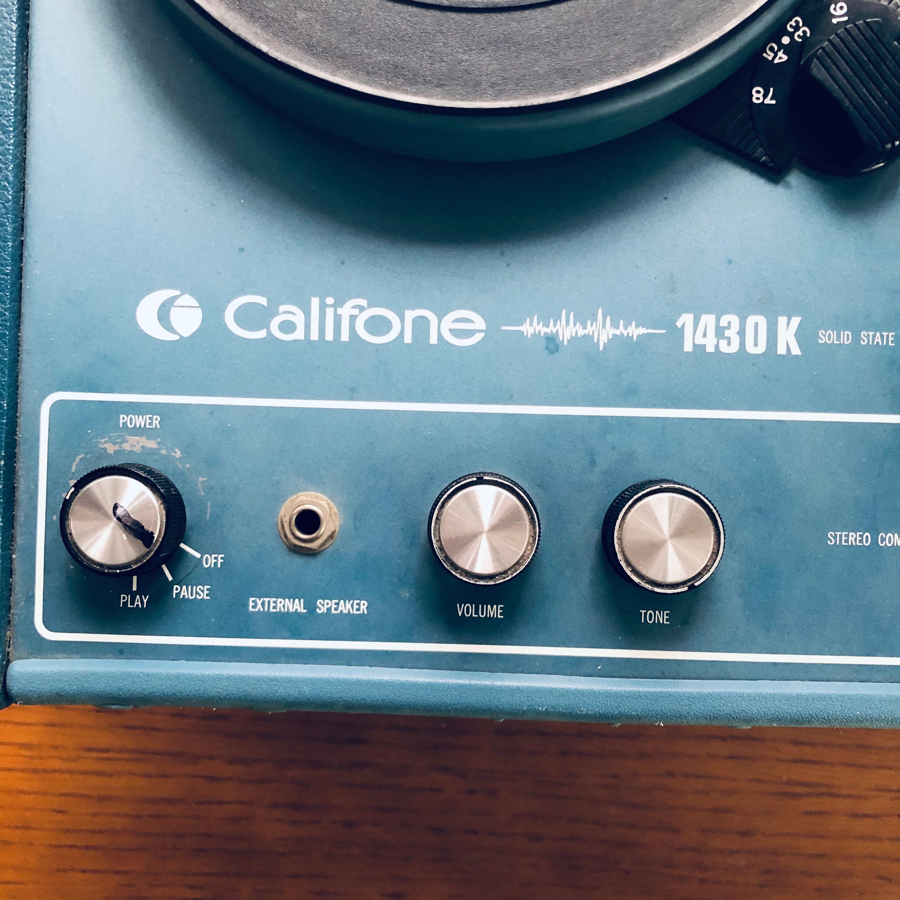 1970s Vintage Califone 1430K Blue Turquoise Record Player. Made in USA.