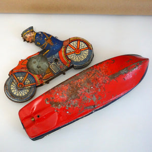 Tin Litho Police on Motorcycle & PM51 Coast Guard Patrol Boat. For Parts.