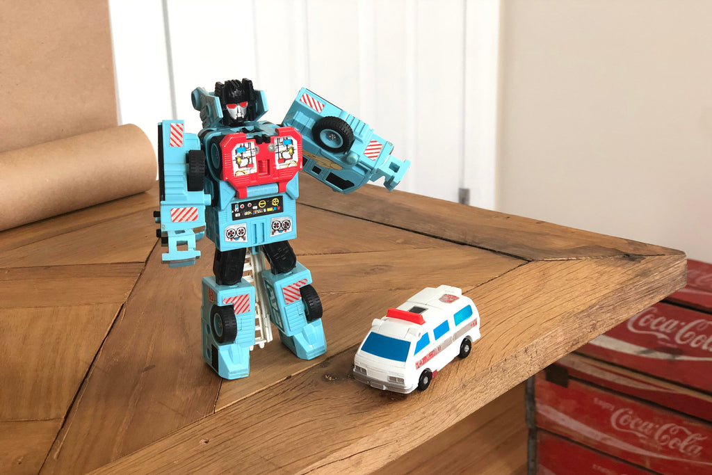 1986 Vintage HASBRO TAKARA Transformer G1 Protectobot (Defensor Combiner): Hotspot (P5) Blue Fire Truck Figure. Made in Japan.